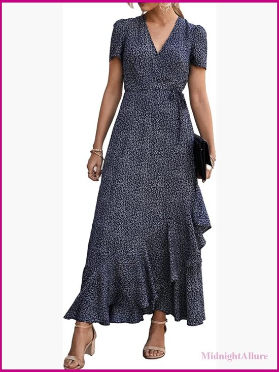 Dresses & Skirts - Boho Floral Wrap V Neck Maxi Dress Short Sleeve Flowy Beach Vacation